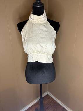 Nasty Gal Collection Cream Satin High Neck Backless Tie Halter Crop Top